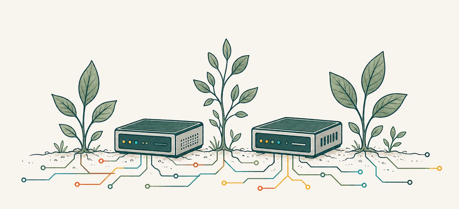 Two small servers growing among plants, with roots becoming colorful circuit lines