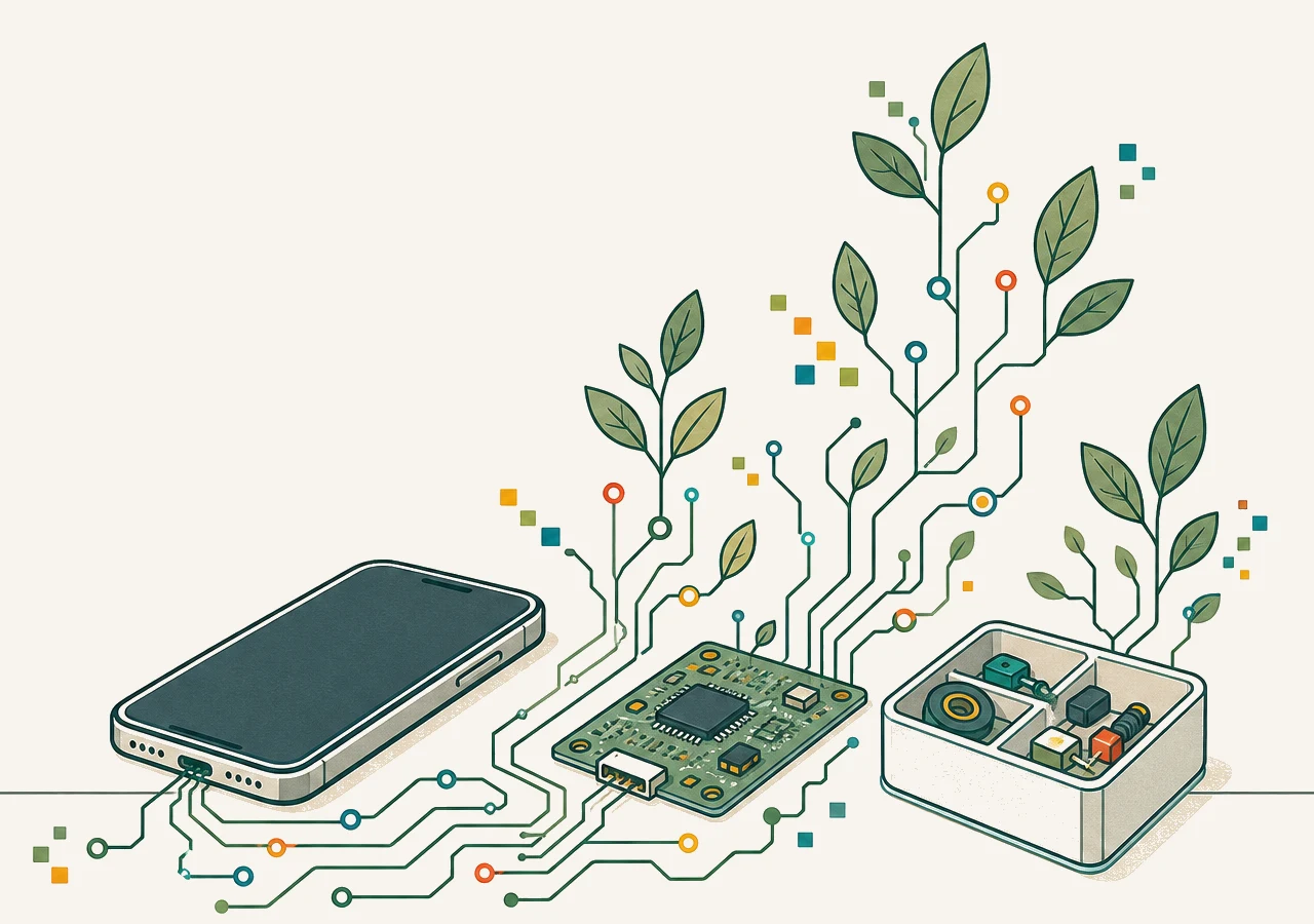 A spare phone, circuit board, and box of components growing into connected plant-like circuits