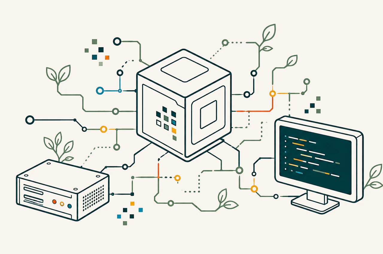 A host layer connecting a small server, software cube, and terminal monitor