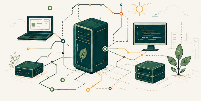 A laptop, desktop tower, monitor, and small servers connected by circuit lines and growing leaves